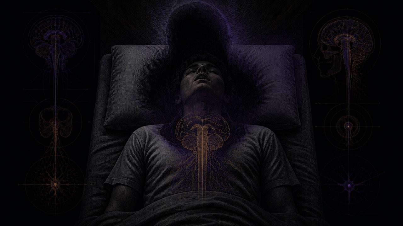 Diagram of a sleep paralysis episode with a perceived presence over the chest.